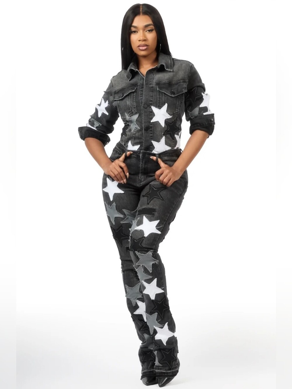 NWT Rockstar Size M starlena black denim jacket & starlena stacked jean set
